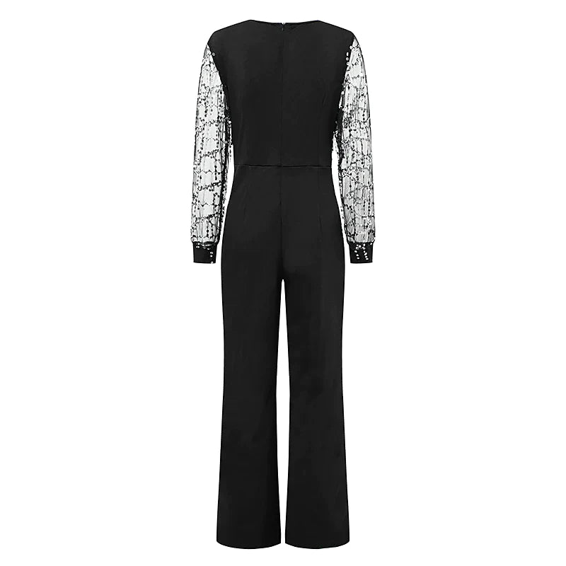 Jumpsuits for Women Summer Dressy Sequin Solid Color V Neck Formal Wedding Party Straight Regular Fit Long Sleeve Black S M L Spring Fall