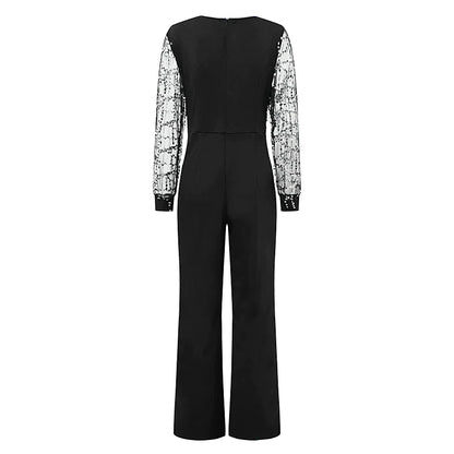 Jumpsuits for Women Summer Dressy Sequin Solid Color V Neck Formal Wedding Party Straight Regular Fit Long Sleeve Black S M L Spring Fall