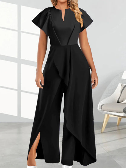 Jumpsuits for Women Summer Solid Color V Neck Elegant Party Prom Wide Leg Regular Fit Short Sleeve Flare Cuff Sleeve Black White Wine S M L