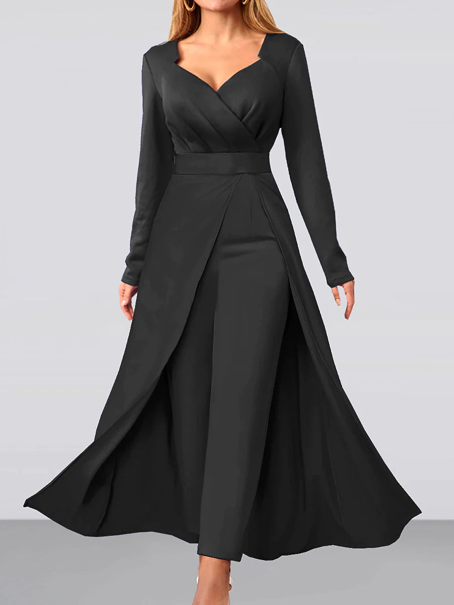 Women's Jumpsuit Solid Color V Neck Elegant Wedding Party Wide Leg Regular Fit Long Sleeve Black Blue S M L All Seasons