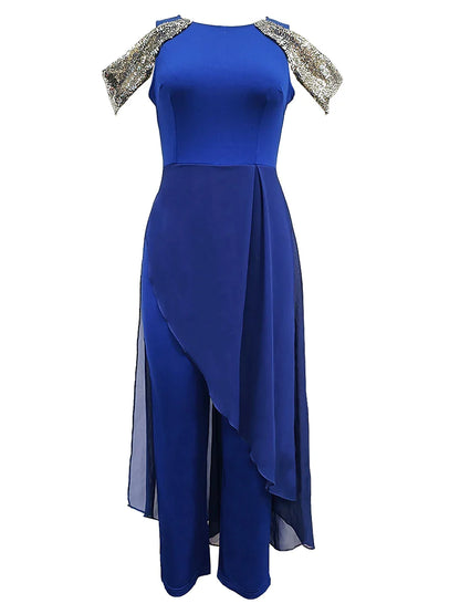 Women‘s Jumpsuit Sparkly Sequin Solid Color Crew Neck Elegant Wedding Party Bootcut Regular Fit Strap Sleeveless Royal Blue S M L Fall