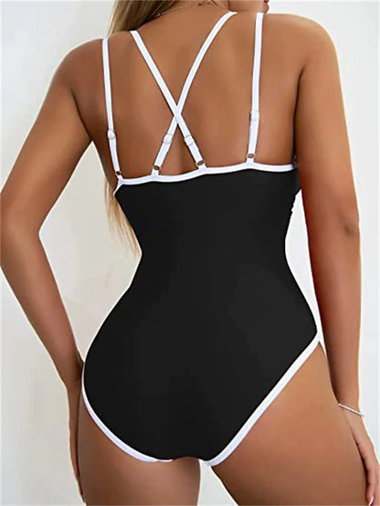 Women's Swimwear One Piece Monokini Normal Swimsuit Backless Water Sports Tummy Control string Color Block Black Blue Fuchsia Padded V Wire Bathing Suits New Vacation Holiday