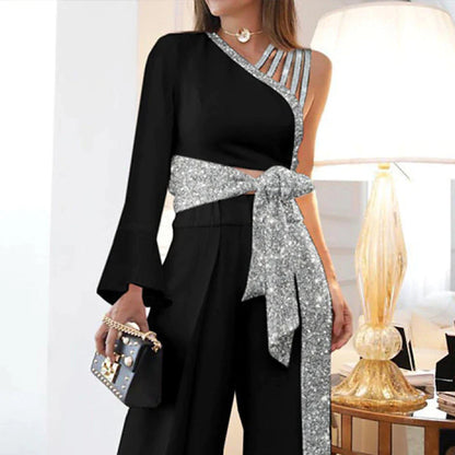 Women Party Jumpsuit Lace up Print One Shoulder Elegant Party Cocktail Party Regular Fit Long Sleeve White Black Blue S M L Spring