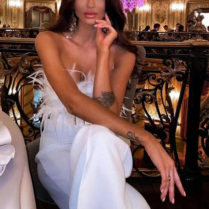 White Jumpsuit for Women Sexy Party Elegant Evening Party High Waist Solid Color Backless Office Strapless Long Romper