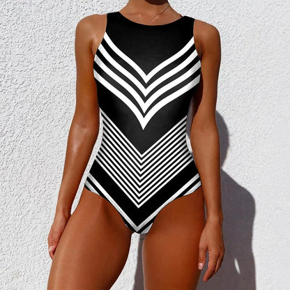 Women's Swimwear One Piece Normal Swimsuit Printing Striped White Yellow Pink Blue Bodysuit Bathing Suits Sports Beach Wear Summer