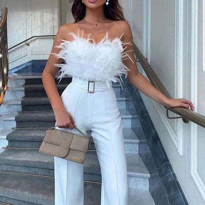 White Jumpsuit for Women Sexy Party Elegant Evening Party High Waist Solid Color Backless Office Strapless Long Romper