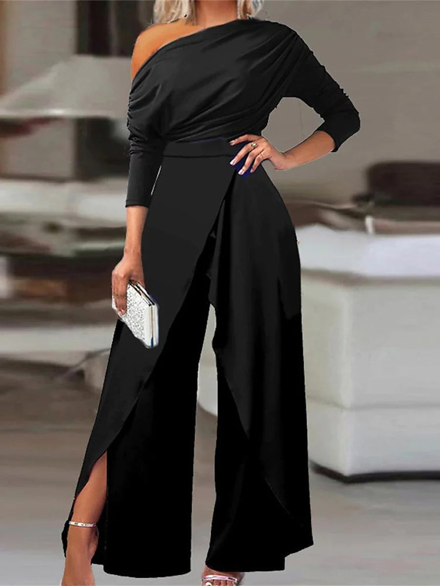 Women's Jumpsuit Split High Waist Solid Color Cold Shoulder Elegant Party Prom Regular Fit 3/4 Length Sleeve Black S M L Fall Cold Weather