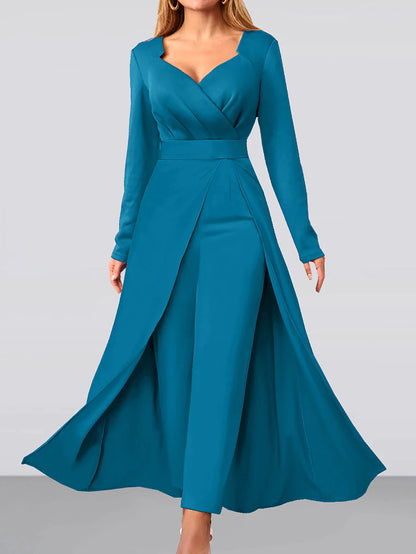 Women's Jumpsuit Solid Color V Neck Elegant Wedding Party Wide Leg Regular Fit Long Sleeve Black Blue S M L All Seasons