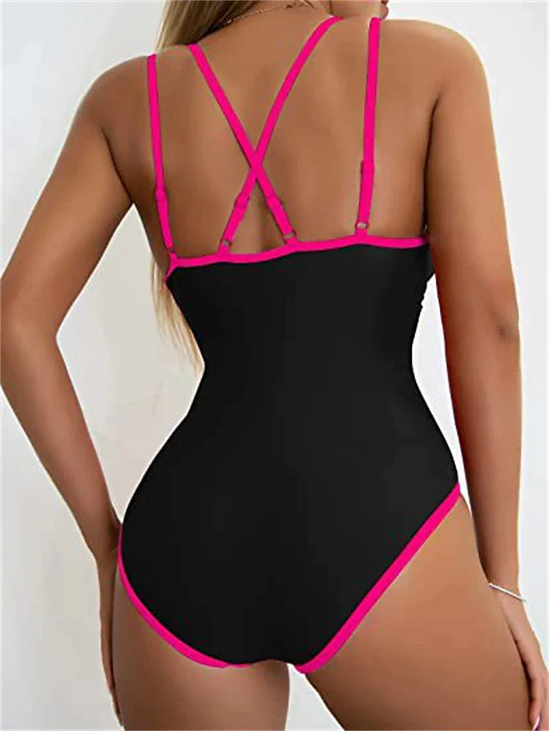 Women's Swimwear One Piece Monokini Normal Swimsuit Backless Water Sports Tummy Control string Color Block Black Blue Fuchsia Padded V Wire Bathing Suits New Vacation Holiday