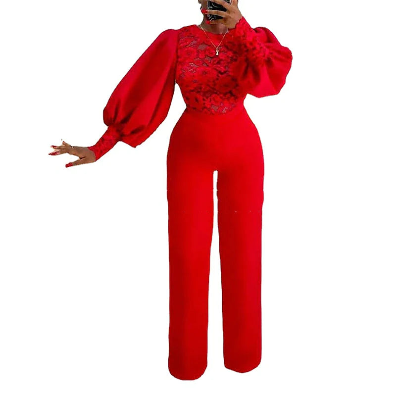 Women's Jumpsuit Flower Lace Solid Color Crew Neck Formal Birthday Party Christmas Evening Straight Regular Fit Long Sleeve Bishop Sleeve Red S M L Fall Cold Weather