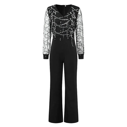 Jumpsuits for Women Summer Dressy Sequin Solid Color V Neck Formal Wedding Party Straight Regular Fit Long Sleeve Black S M L Spring Fall